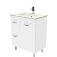 Fienza UniCab 750 Gloss White Cabinet on Legs, Left Hand Drawers, Solid Doors , With Stone Top - Crystal Pure