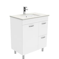 Fienza UniCab 750 Gloss White Cabinet on Legs, Right Hand Drawers, Solid Doors , With Stone Top - Crystal Pure