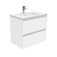 Fienza Quest Gloss White 750 Wall Hung Cabinet, 2 Solid Drawers , With Stone Top - Crystal Pure