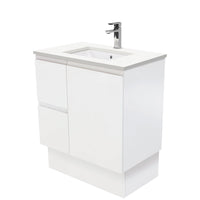 Fienza Fingerpull Satin White 750 Cabinet on Kickboard , With Stone Top - Crystal Pure Left Hand Drawer