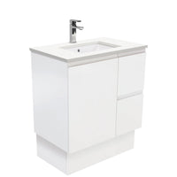 Fienza Fingerpull Satin White 750 Cabinet on Kickboard , With Stone Top - Crystal Pure Right Hand Drawer
