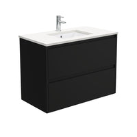 Fienza Amato Satin Black 900 Wall Hung Cabinet, 2 Solid Drawers, Bevelled Edge , With Stone Top - Crystal Pure Satin Black Panels