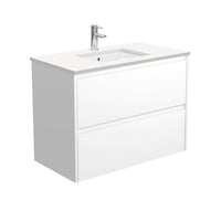 Fienza Amato Satin White 900 Wall Hung Cabinet, 2 Solid Drawers, Bevelled Edge , With Stone Top - Crystal Pure Satin White Panels