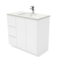 Fienza Fingerpull Gloss White 900 Cabinet on Kickboard , With Stone Top - Crystal Pure Left Hand Drawer