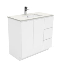 Fienza Fingerpull Gloss White 900 Cabinet on Kickboard , With Stone Top - Crystal Pure Right Hand Drawer