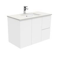 Fienza Fingerpull Gloss White 900 Wall Hung Cabinet, 2 Solid Drawers, Bevelled Edge , With Stone Top - Crystal Pure Right Hand Drawer