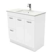 Fienza UniCab Gloss White 900 Cabinet on Kickboard, Solid Doors , With Stone Top - Crystal Pure Left Hand Drawer