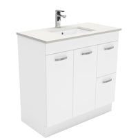 Fienza UniCab Gloss White 900 Cabinet on Kickboard, Solid Doors , With Stone Top - Crystal Pure Right Hand Drawer