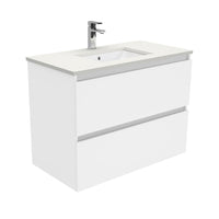 Fienza Quest Gloss White 900 Wall Hung Cabinet, 2 Solid Drawers , With Stone Top - Crystal Pure