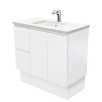 Fienza Fingerpull Satin White 900 Cabinet on Kickboard, Solid Doors , With Stone Top - Crystal Pure Left Hand Drawer