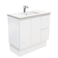 Fienza Fingerpull Satin White 900 Cabinet on Kickboard, Solid Doors , With Stone Top - Crystal Pure Right Hand Drawer