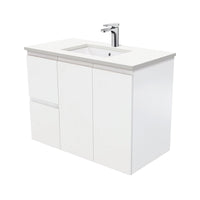 Fienza Fingerpull Satin White 900 Wall Hung Cabinet, Solid Doors , With Stone Top - Crystal Pure Left Hand Drawer