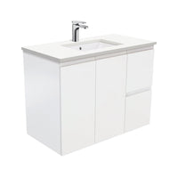 Fienza Fingerpull Satin White 900 Wall Hung Cabinet, Solid Doors , With Stone Top - Crystal Pure Right Hand Drawer