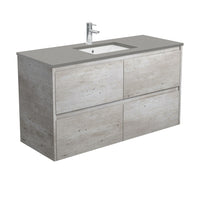 Fienza Amato Industrial 1200 Wall Hung Cabinet, Solid Drawers, Bevelled Edge , With Stone Top - Dove Grey Industrial Panels