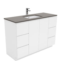 Fienza Fingerpull Gloss White 1200 Cabinet on Kickboard, Solid Doors , With Stone Top - Dove Grey
