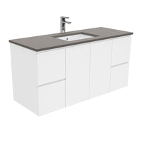 Fienza Fingerpull Gloss White 1200 Wall Hung Cabinet, Solid Doors , With Stone Top - Dove Grey