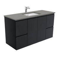 Fienza Fingerpull Satin Black 1200 Wall Hung Cabinet, Solid Doors , With Stone Top - Dove Grey