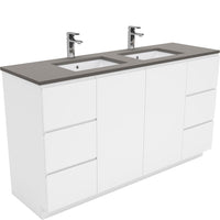 Fienza Fingerpull Gloss White 1500 Cabinet on Kickboard, Solid Doors , With Stone Top - Dove Grey Double Bowl