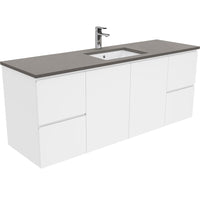 Fienza Fingerpull Gloss White 1500 Wall Hung Cabinet, Solid Doors , With Stone Top - Dove Grey Single Bowl