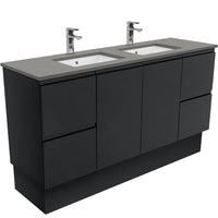 Fienza Fingerpull Satin Black 1500 Cabinet on Kickboard, Solid Doors , With Stone Top - Dove Grey Double Bowl