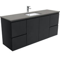 Fienza Fingerpull Satin Black 1500 Wall Hung Cabinet, Solid Doors , With Stone Top - Dove Grey Single Bowl
