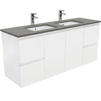 Fienza Fingerpull Satin White 1500 Wall Hung Cabinet, Solid Doors , With Stone Top - Dove Grey Double Bowl