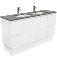 Fienza Fingerpull Satin White 1500 Cabinet on Kickboard, Solid Doors , With Stone Top - Dove Grey Double Bowl