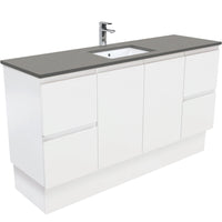Fienza Fingerpull Satin White 1500 Cabinet on Kickboard, Solid Doors , With Stone Top - Dove Grey Single Bowl