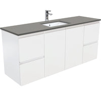 Fienza Fingerpull Satin White 1500 Wall Hung Cabinet, Solid Doors , With Stone Top - Dove Grey Single Bowl