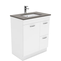 Fienza UniCab Gloss White 750 Cabinet on Kickboard , With Stone Top - Dove Grey Right Hand Drawer