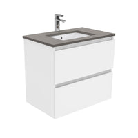 Fienza Quest Gloss White 750 Wall Hung Cabinet, 2 Solid Drawers , With Stone Top - Dove Grey
