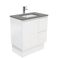 Fienza Fingerpull Satin White 750 Cabinet on Kickboard , With Stone Top - Dove Grey Right Hand Drawer