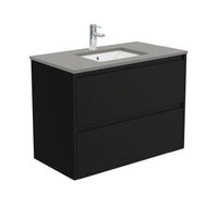 Fienza Amato Satin Black 900 Wall Hung Cabinet, 2 Solid Drawers, Bevelled Edge , With Stone Top - Dove Grey Satin Black Panels