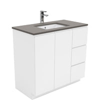 Fienza Fingerpull Gloss White 900 Cabinet on Kickboard , With Stone Top - Dove Grey Right Hand Drawer