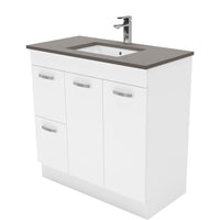 Fienza UniCab Gloss White 900 Cabinet on Kickboard, Solid Doors , With Stone Top - Dove Grey Left Hand Drawer