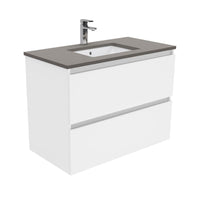 Fienza Quest Gloss White 900 Wall Hung Cabinet, 2 Solid Drawers , With Stone Top - Dove Grey