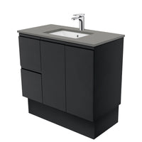 Fienza Fingerpull Satin Black 900 Cabinet on Kickboard, Solid Doors , With Stone Top - Dove Grey Left Hand Drawer