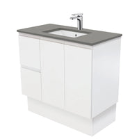 Fienza Fingerpull Satin White 900 Cabinet on Kickboard, Solid Doors , With Stone Top - Dove Grey Left Hand Drawer