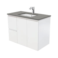 Fienza Fingerpull Satin White 900 Wall Hung Cabinet, Solid Doors , With Stone Top - Dove Grey Left Hand Drawer
