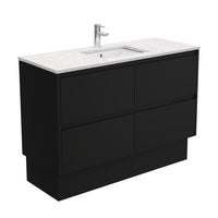 Fienza Amato Satin Black 1200 Cabinet on Kickboard, Solid Panels, Bevelled Edge , With Stone Top - Bianco Marble Satin Black Panels