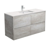 Fienza Amato Industrial 1200 Wall Hung Cabinet, Solid Drawers, Bevelled Edge , With Stone Top - Bianco Marble Industrial Panels