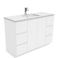 Fienza Fingerpull Gloss White 1200 Cabinet on Kickboard, Solid Doors , With Stone Top - Bianco Marble