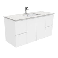 Fienza Fingerpull Gloss White 1200 Wall Hung Cabinet, Solid Doors , With Stone Top - Bianco Marble