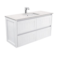 Fienza Hampton Satin White 1200 Wall Hung Cabinet, 4 Internal Drawers , With Stone Top - Bianco Marble