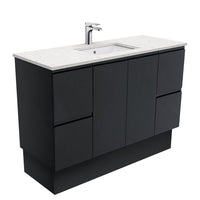 Fienza Fingerpull Satin Black 1200 Cabinet on Kickboard, Solid Doors , With Stone Top - Bianco Marble