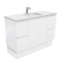 Fienza Fingerpull Satin White 1200 Cabinet on Kickboard, Solid Doors , With Stone Top - Bianco Marble