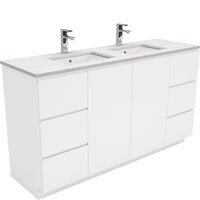 Fienza Fingerpull Gloss White 1500 Cabinet on Kickboard, Solid Doors , With Stone Top - Bianco Marble Double Bowl