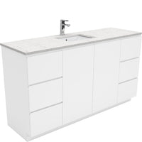 Fienza Fingerpull Gloss White 1500 Cabinet on Kickboard, Solid Doors , With Stone Top - Bianco Marble Single Bowl