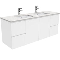 Fienza Fingerpull Gloss White 1500 Wall Hung Cabinet, Solid Doors , With Stone Top - Bianco Marble Double Bowl