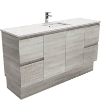 Fienza Edge Industrial 1500 Cabinet on Kickboard, Solid Doors, Bevelled Edge , With Stone Top - Bianco Marble Single Bowl